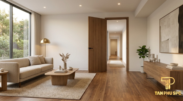 Không gian phòng tối giản cùng cửa composite