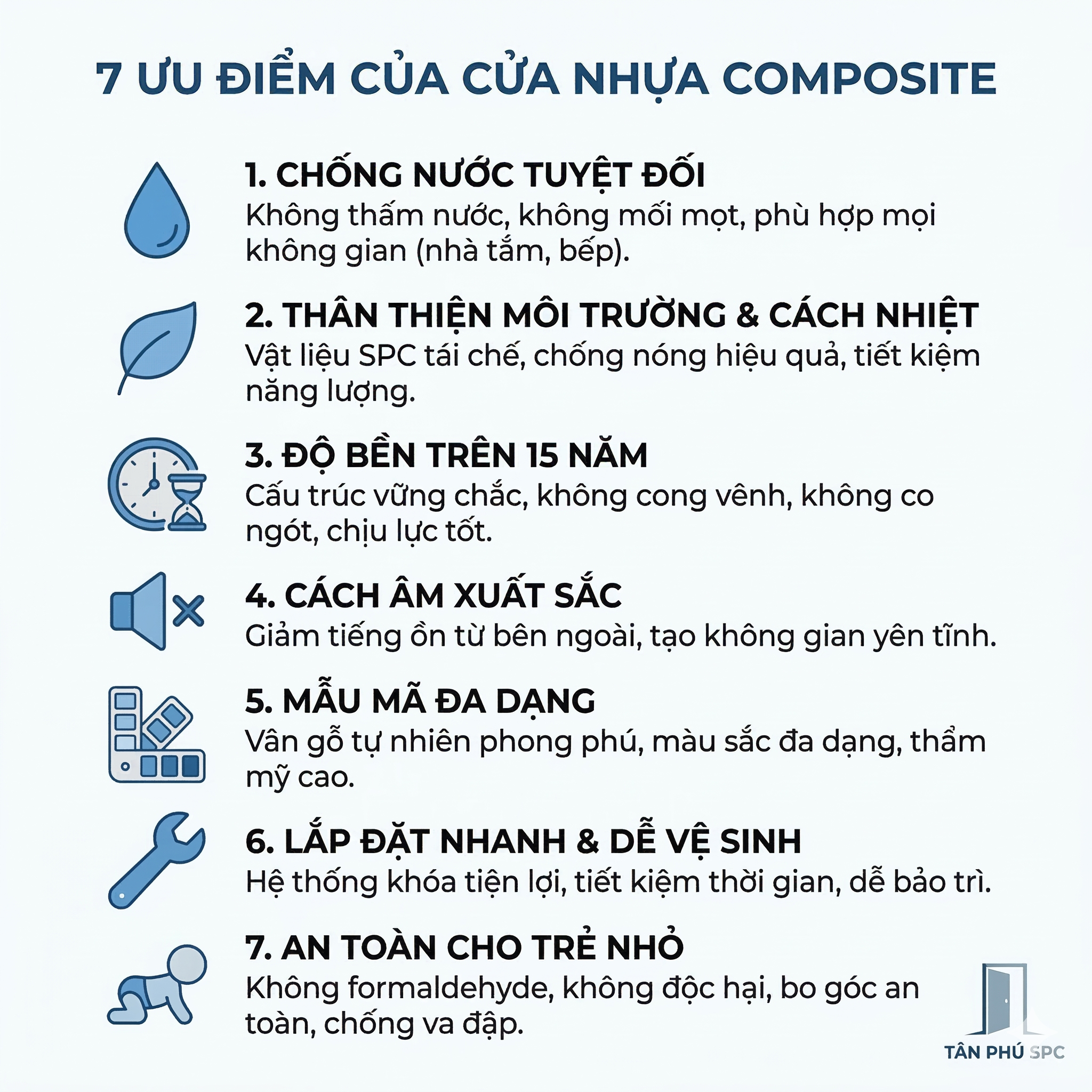 Tổng hợp 7 ưu điểm nổi bật của cửa nhựa composite – Nguồn: Tân Phú SPC