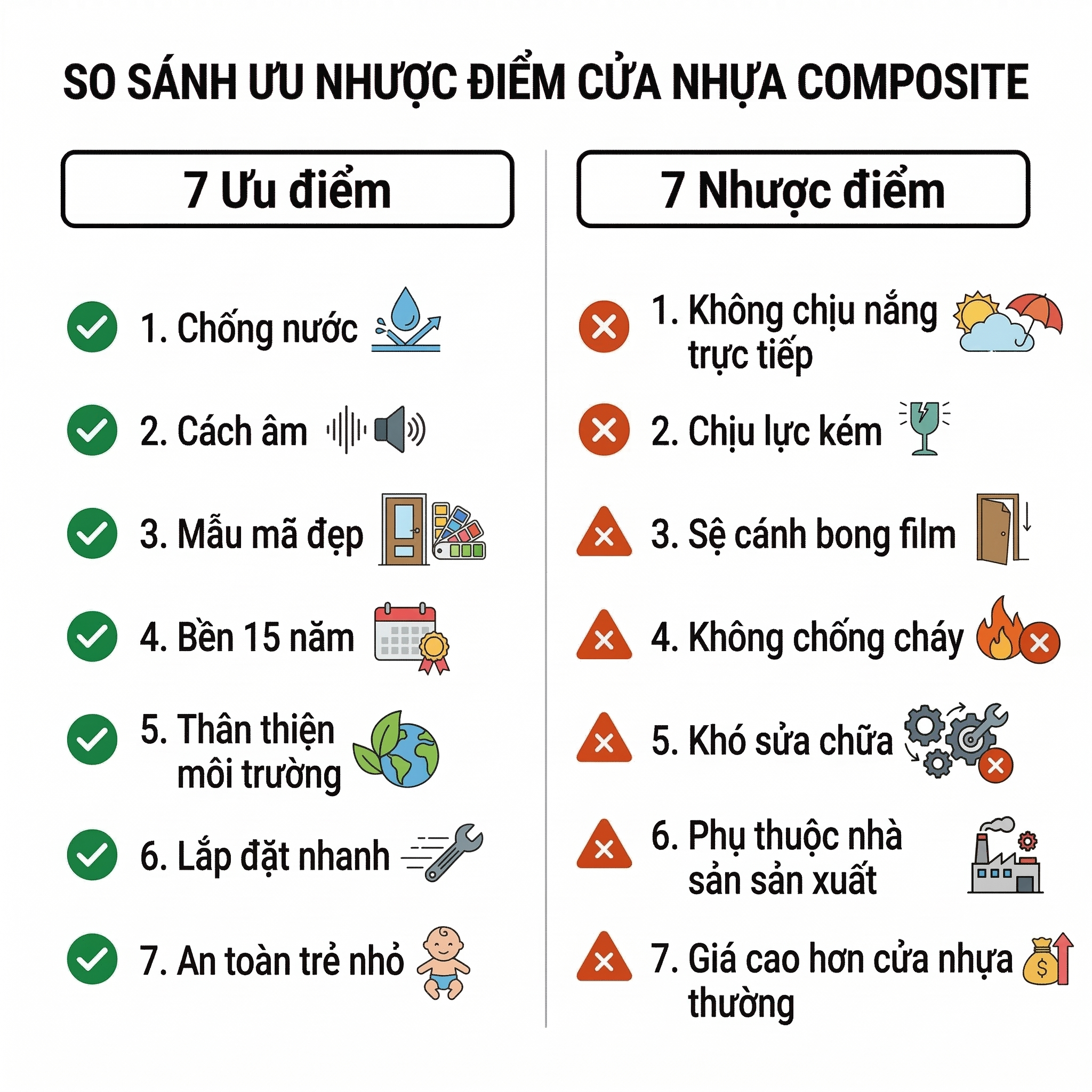 Infographic so sánh 7 ưu điểm và 7 nhược điểm cửa nhựa composite – giúp bạn cân nhắc trước khi chọn mua
