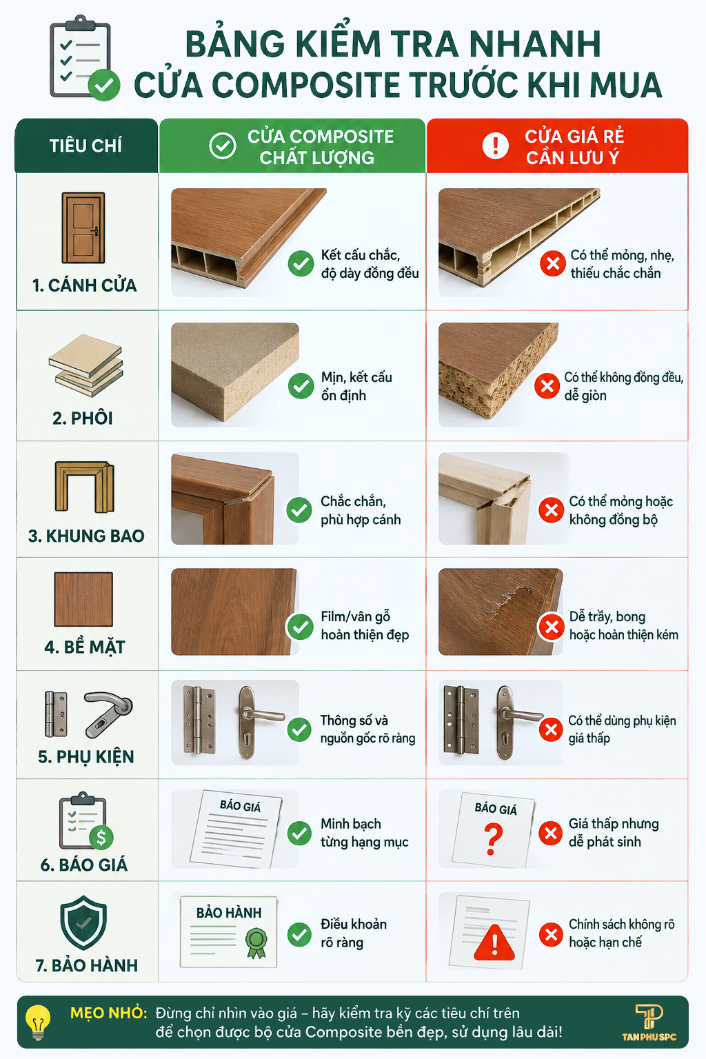 Bảng kiểm tra nhanh cửa Composite trước khi mua.