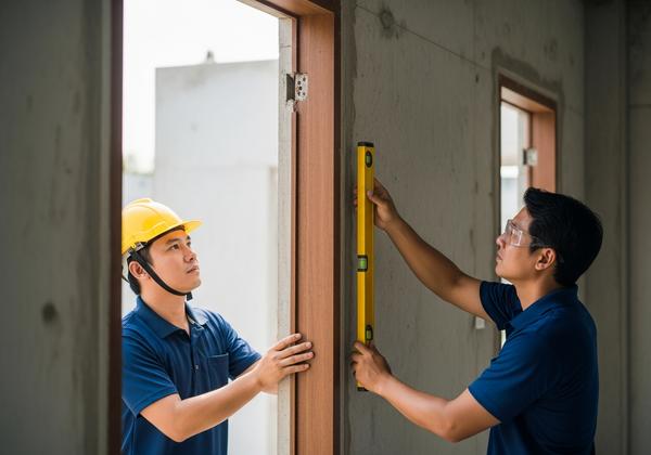 Kiểm tra độ thẳng và cân bằng của khung là bước quan trọng để hạn chế tình trạng cửa bị xệ, kẹt hoặc khe hở không đều.
